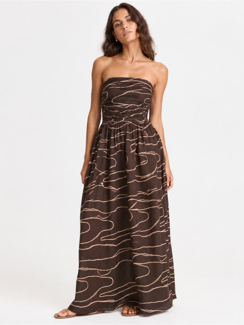 NWT VRG GRL 100% Linen Strapless Maxi Dress Brown Abstract Print Ruched Tube 8